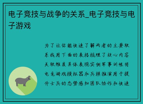 电子竞技与战争的关系_电子竞技与电子游戏